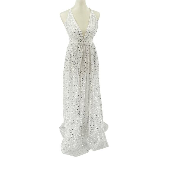 Alyce Paris Dresses & Skirts - Alyce Paris White Starry Sequin Gown With Deep V-Neck & Cross Strap Back S